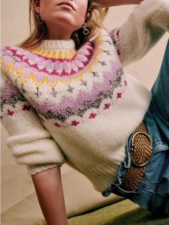 Sezane Sweaters - Sezane Constantine Mohair Fair Isle Crewneck Knit Sweater in Ecru Multicolor S